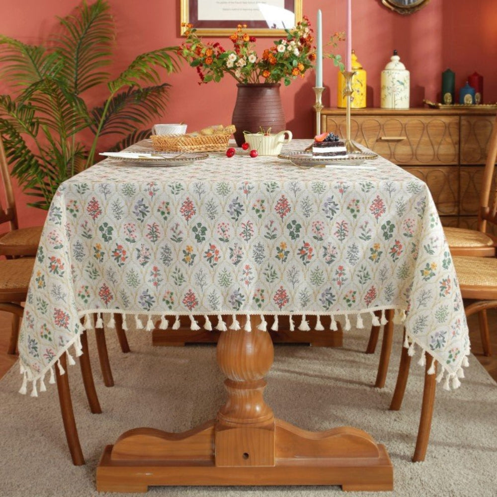 Floral Microfiber Tablecloth with Tassel Trim for Dining and Special Occasions