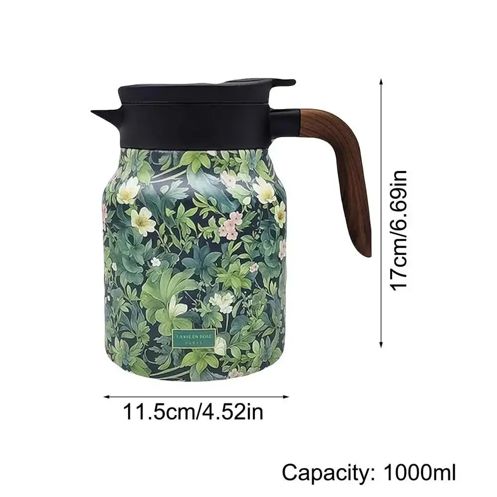 Floral Stainless Steel Teapot with Strainer - 1000ml Vintage Elegance