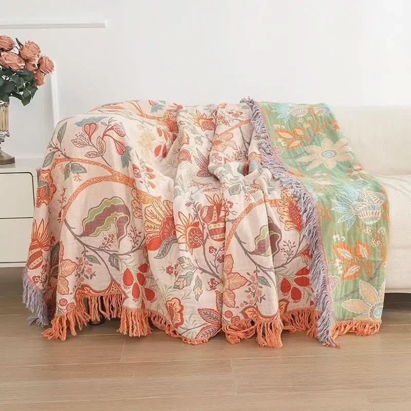 Cotton Reversible Blanket with Jacquard and Boho Pattern