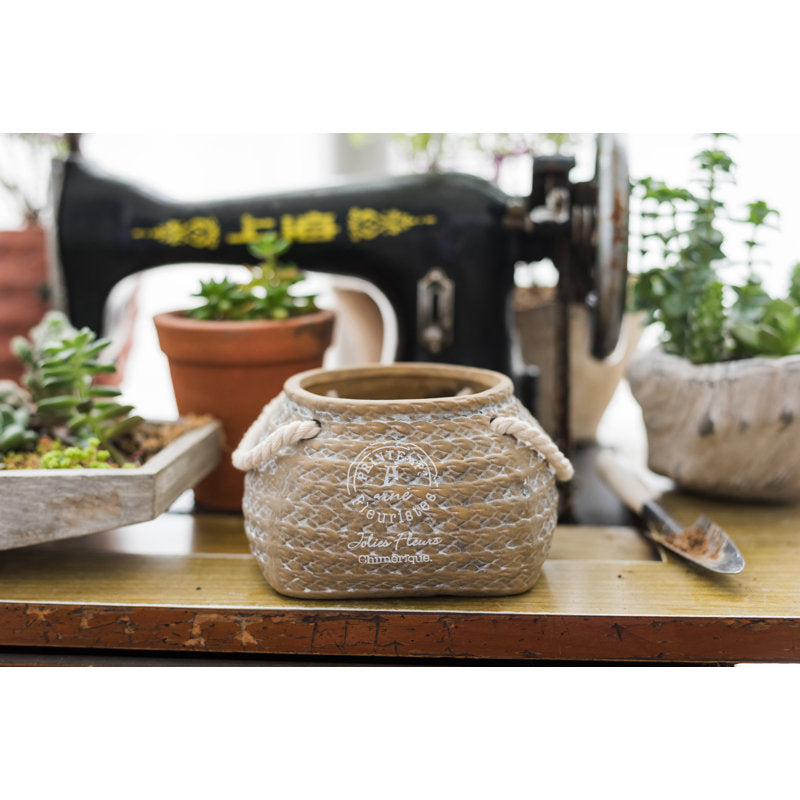 Ceramic Plant Pot in Hemp Bag Design with Rope Handles – Decorative Flower Pot for Garden and Home