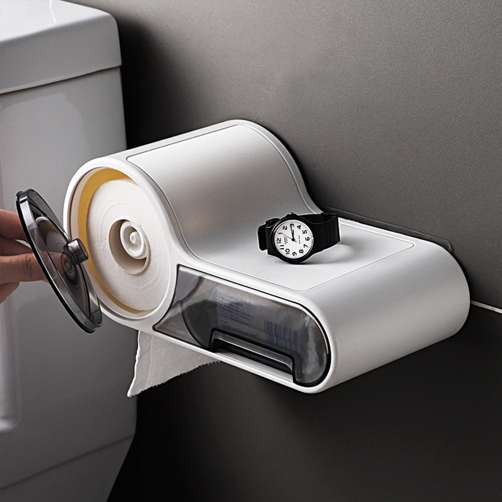 DryHold Self-Adhesive Toilet Paper Holder – Waterproof Wall Solution with Extra Storage Space
