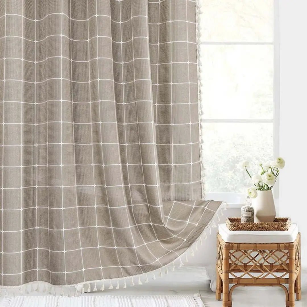 Bohemian linen shower curtain with tassels & waterproof design