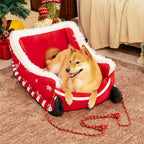 Christmas Sleigh Dog Bed with Crystal Velvet, Faux Fur and Non-Slip Bottom