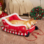 Christmas Sleigh Dog Bed with Crystal Velvet, Faux Fur and Non-Slip Bottom