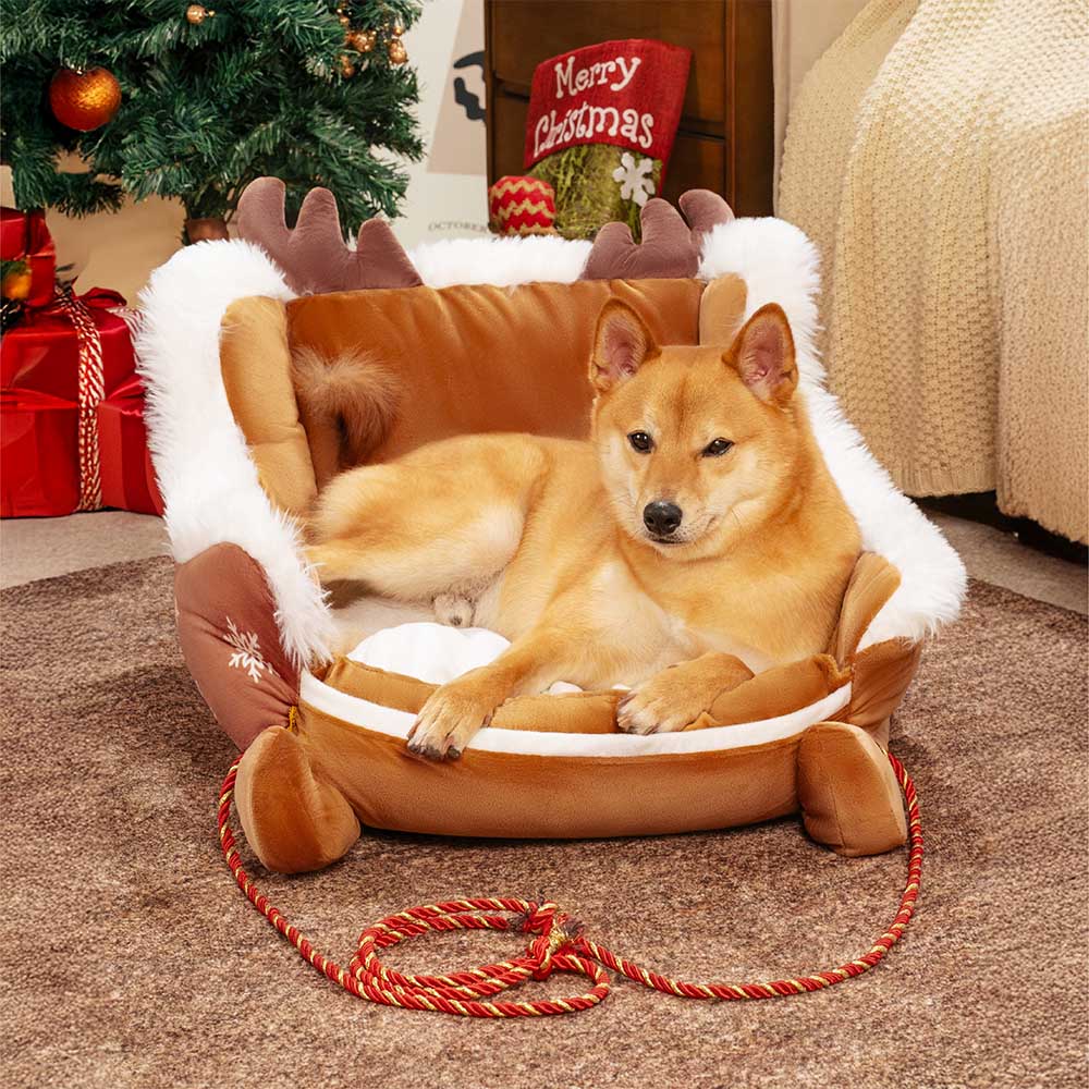 Christmas Sleigh Dog Bed with Crystal Velvet, Faux Fur and Non-Slip Bottom