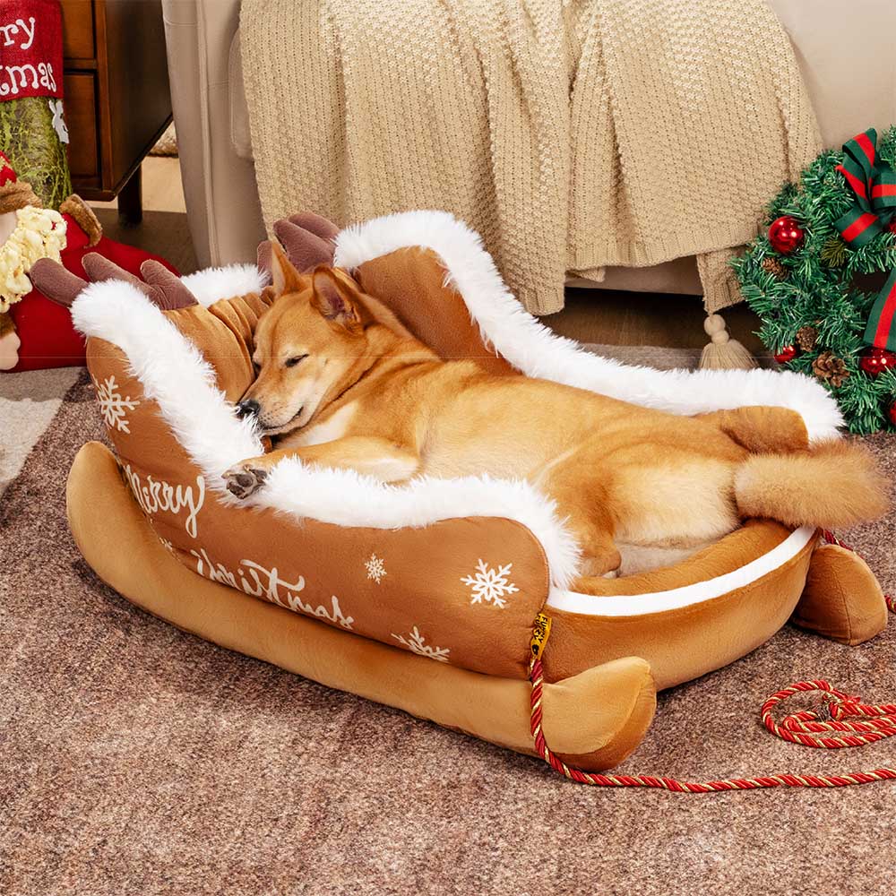 Christmas Sleigh Dog Bed with Crystal Velvet, Faux Fur and Non-Slip Bottom