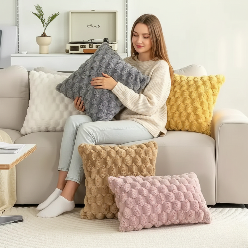 Cushion cover made of cotton blend with fluffy 3D feel