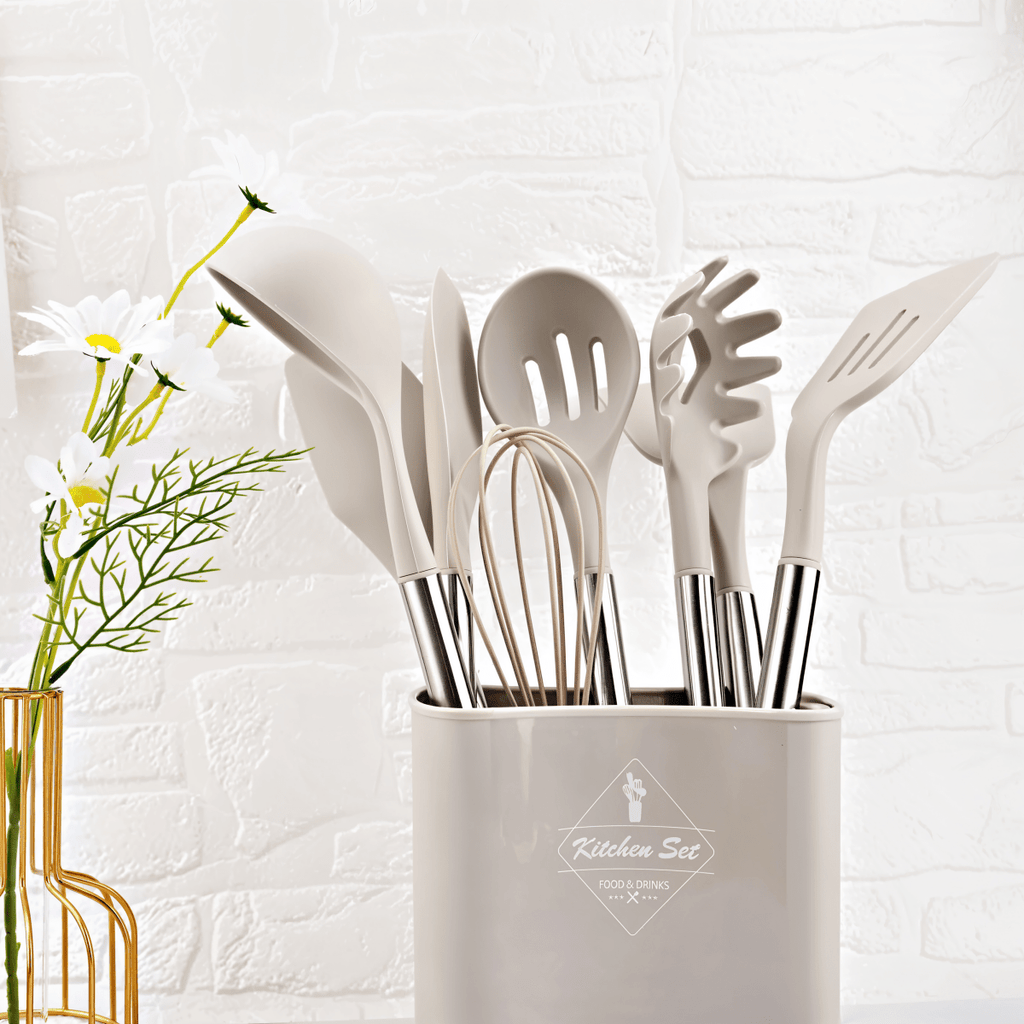 12-piece silicone kitchen utensil set with stainless steel handles for effortless cooking