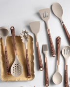 Elegant silicone utensil set with handles in wood design