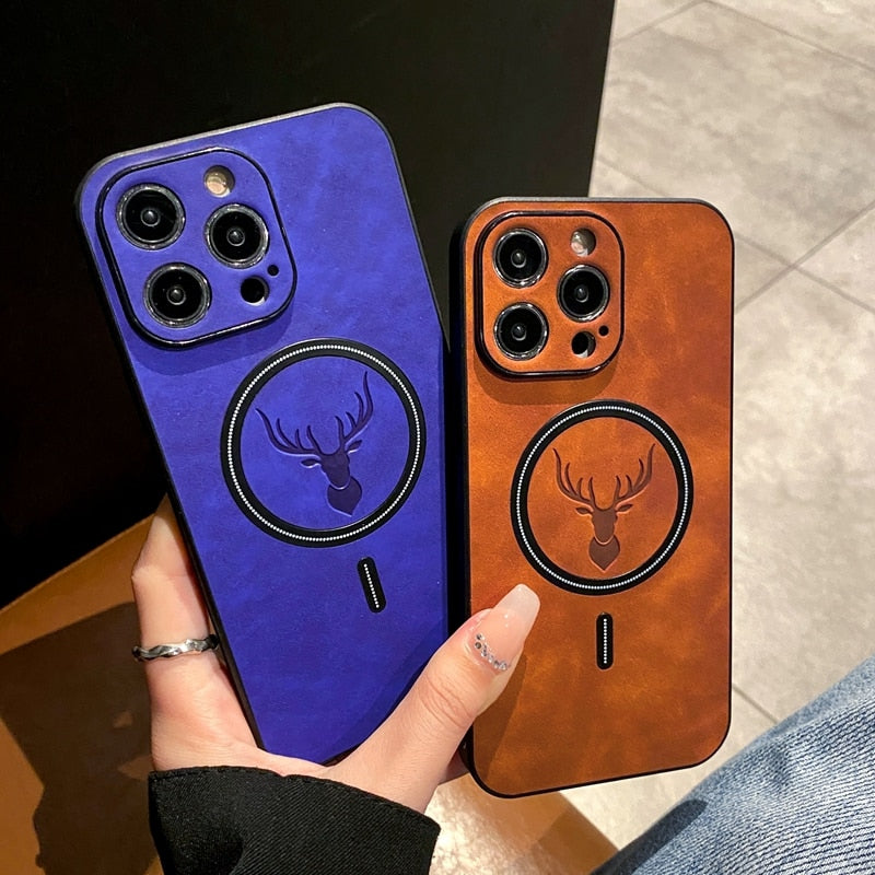 Luxury Deer Leather Apple iPhone Case | Magnetic Phone Case, Wireless Case, MagSafe, Wireless Charging, Protective Case, Cover for iPhone 15, 14, 13 Pro Max Plus