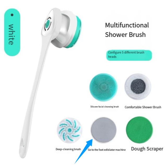 All-in-One Rechargeable Body Brush Set, with 7 Replaceable Heads & Long Handle for Body, Face, Foot, Adult & Kids