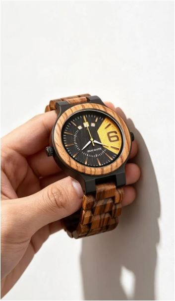 Wooden Mens Watch Men Date Display in Wood Gift Box
