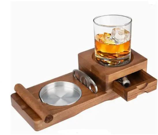 CigarOak Ashtray with Whiskey Holder – Luxury Wooden Tray for Cigar Lovers