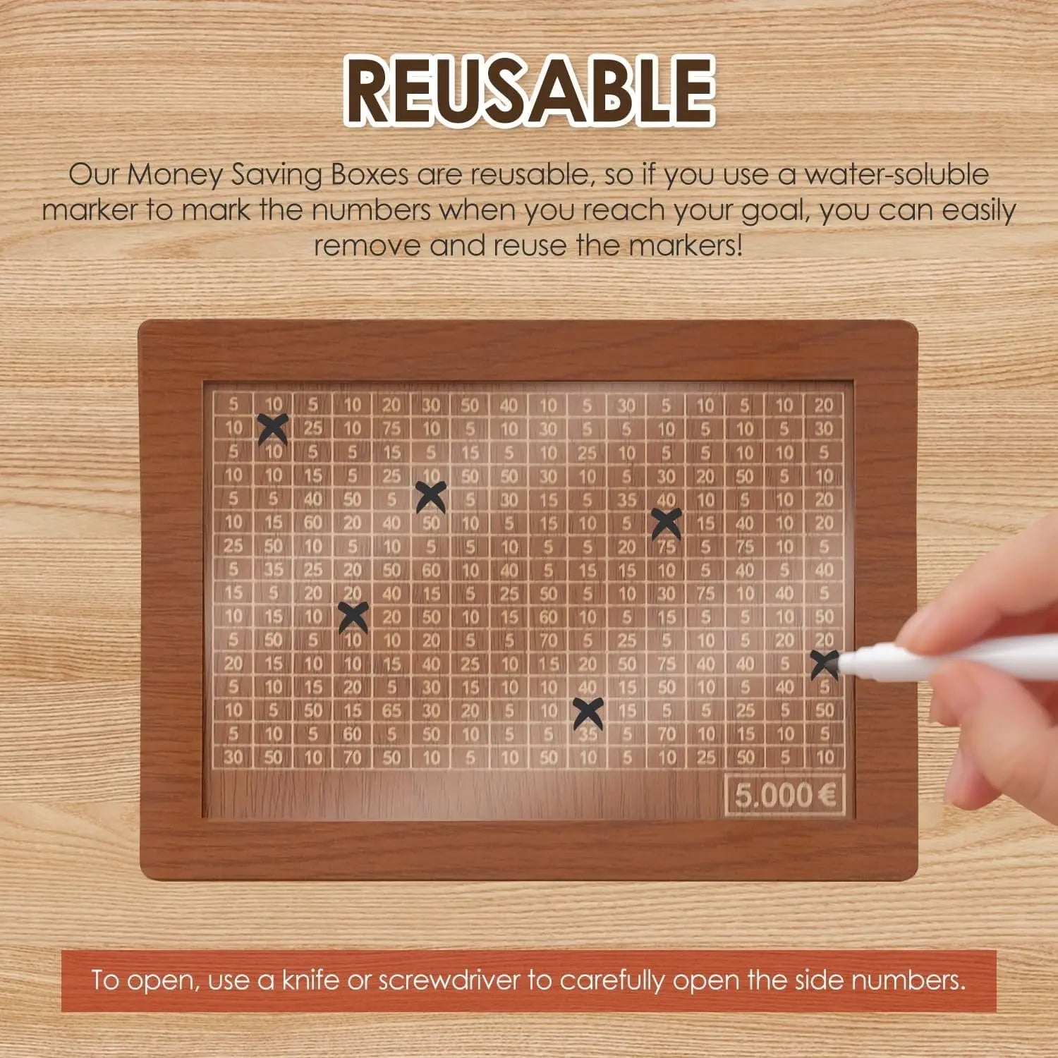 CashBox Cash box made of wood – With marking for each inserted banknote