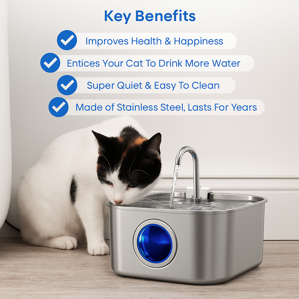 Felindra Cat Drinking Fountain Made of Stainless Steel | Flowing Water for Better Hydration | Quiet & Hygienic | 2.5 L Capacity