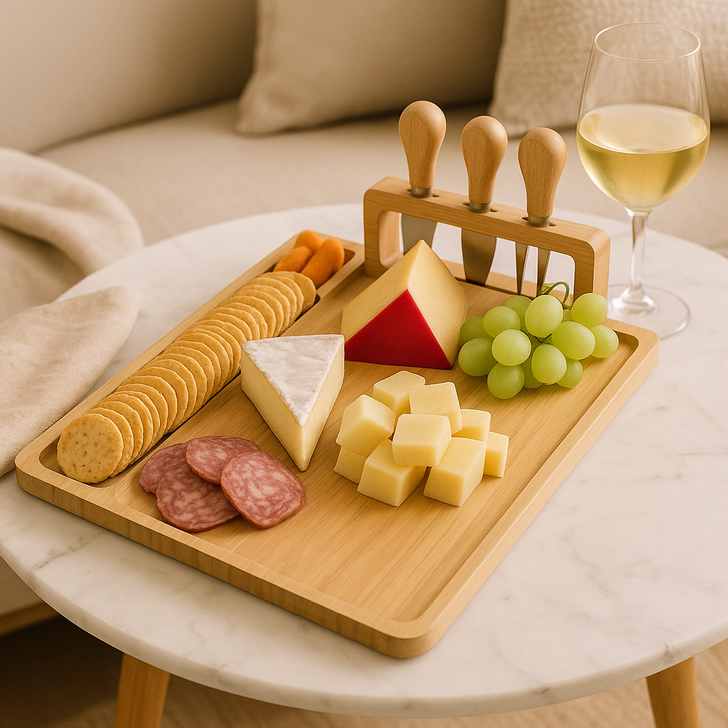 Wood cheese board with knife and fork – Elegant serving board for kitchen or dining room