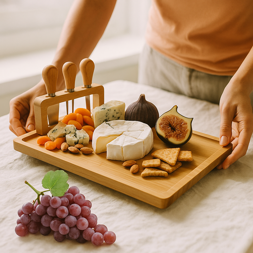Wood cheese board with knife and fork – Elegant serving board for kitchen or dining room