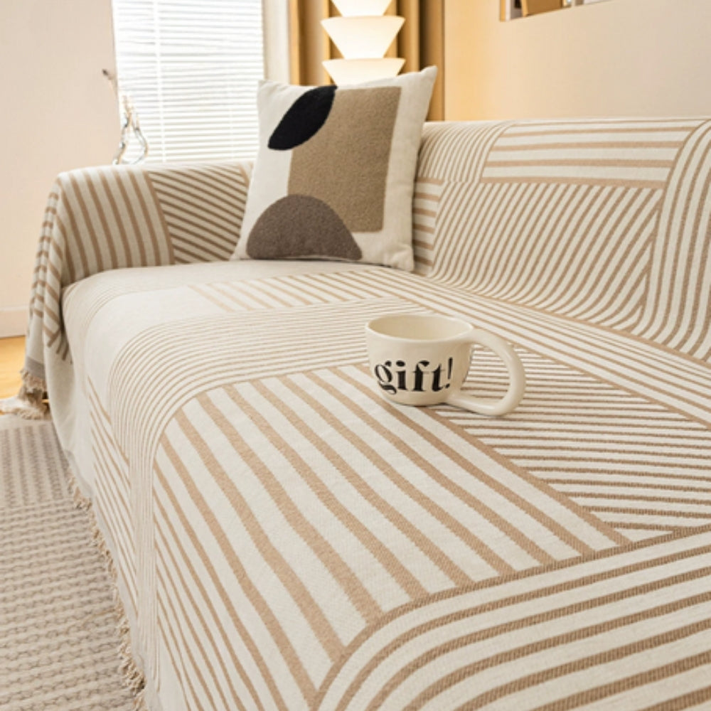 Striped Chenille Sofa Cover with Tassels and Non-Slip Fit