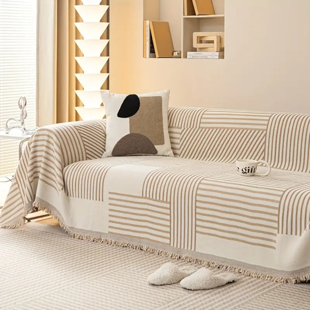 Striped Chenille Sofa Cover with Tassels and Non-Slip Fit