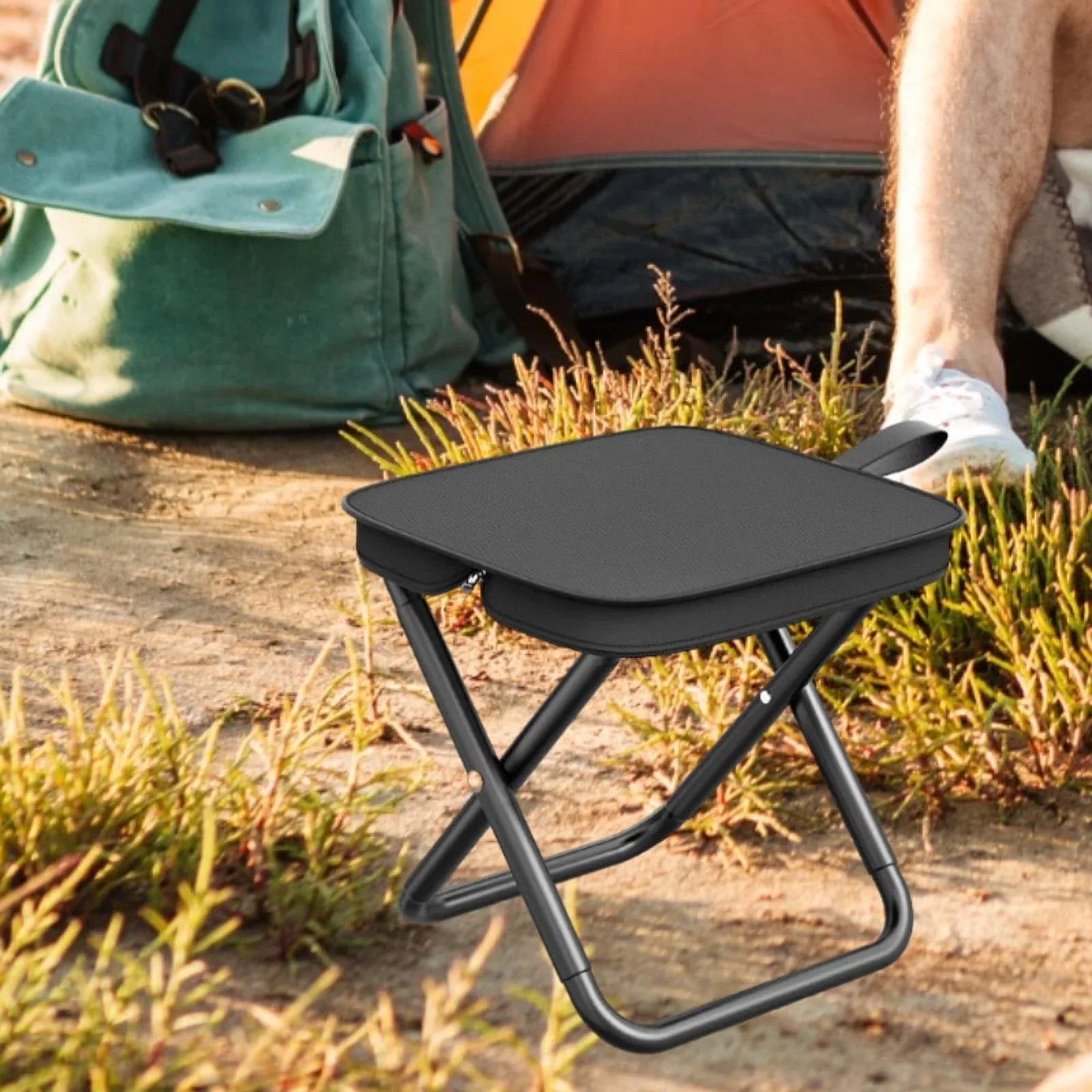 Portable Folding Camping Stool with Adjustable Zippers and Metal Frame