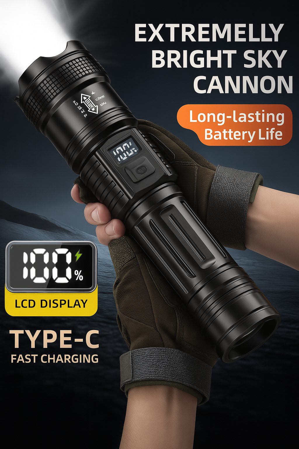 Rechargeable LED Flashlight with Zoom Beam, USB-C Charging and Power Bank