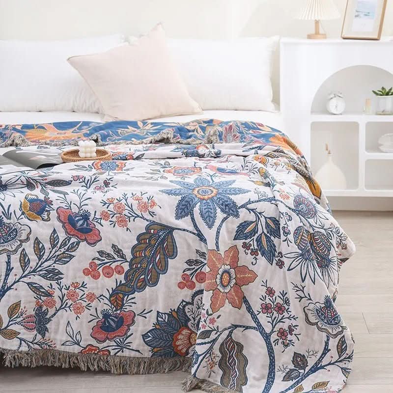 Rustic cotton blanket with floral pattern, reversible design
