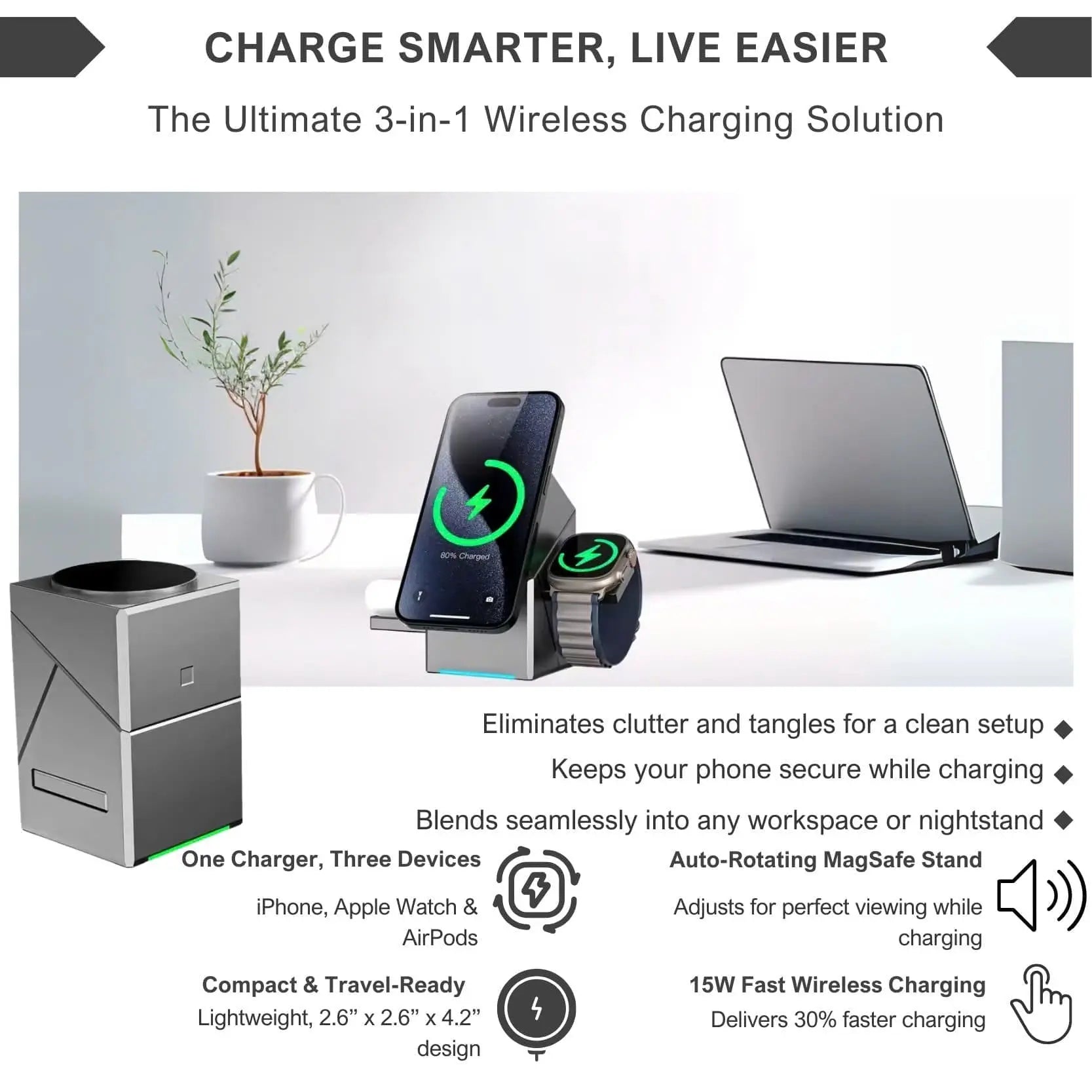 CubeCharge 3-in-1 Charging Station – Wireless Fast Charging for iPhone, Watch & AirPods