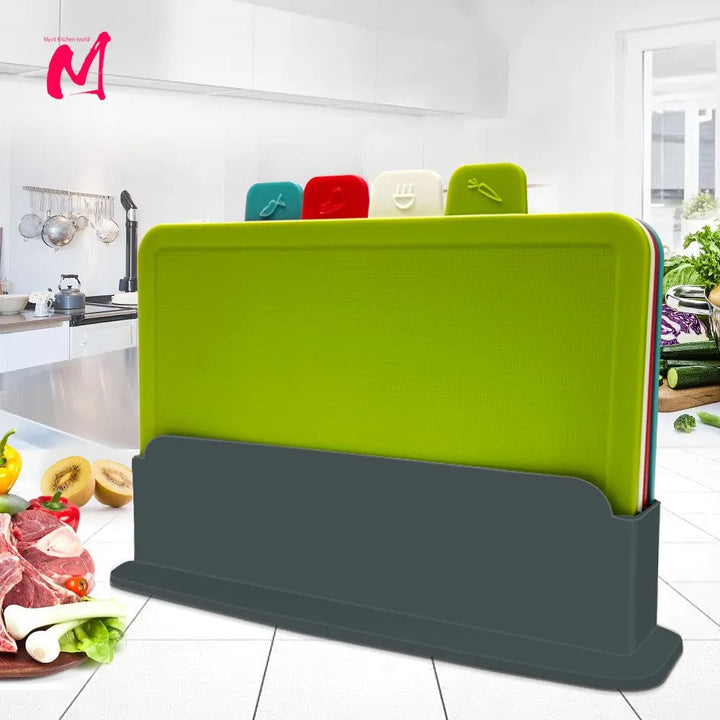 Cutting board set (4 pieces) with practical holder