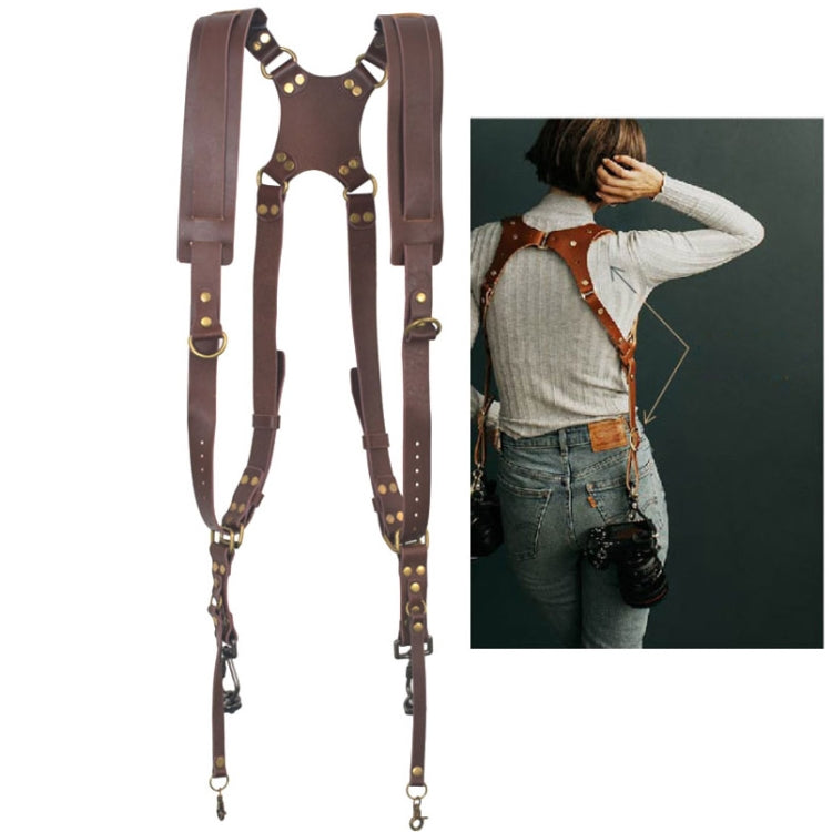 Quick Release Anti-Slip Dual Shoulder Leather Harness Camera Strap with Metal Hook for SLR / DSLR Cameras (Brown)