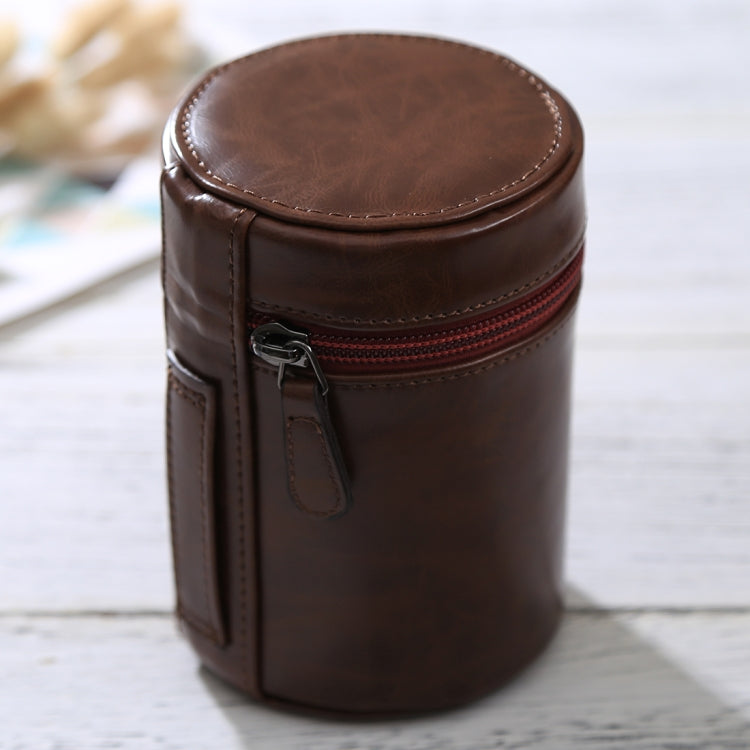 Medium lens case with zipper made of PU leather for DSLR camera lens, size: 13x9x9cm (Coffee)