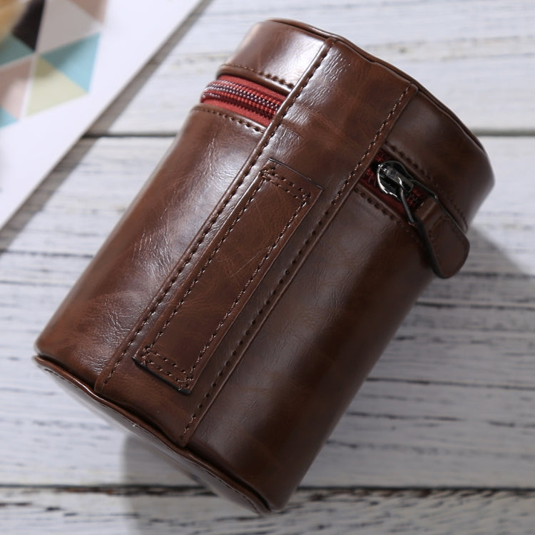 Medium lens case with zipper made of PU leather for DSLR camera lens, size: 13x9x9cm (Coffee)