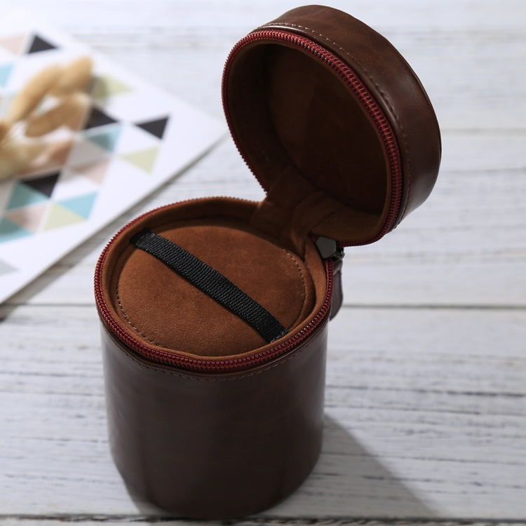 Medium lens case with zipper made of PU leather for DSLR camera lens, size: 13x9x9cm (Coffee)