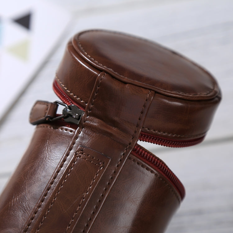 Medium lens case with zipper made of PU leather for DSLR camera lens, size: 13x9x9cm (Coffee)
