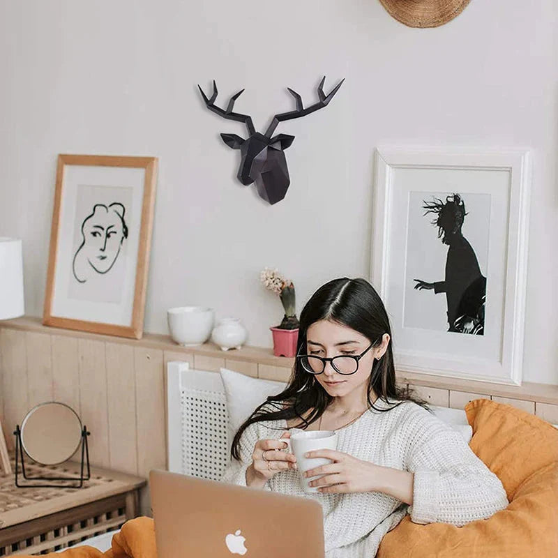 Deer Head Sculpture Animal Statue Figures Wall Hanging Creative Moose Art Antlers Statuette for Office Decor Wall Mounting