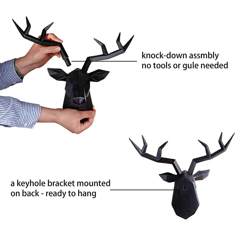 Deer Head Sculpture Animal Statue Figures Wall Hanging Creative Moose Art Antlers Statuette for Office Decor Wall Mounting