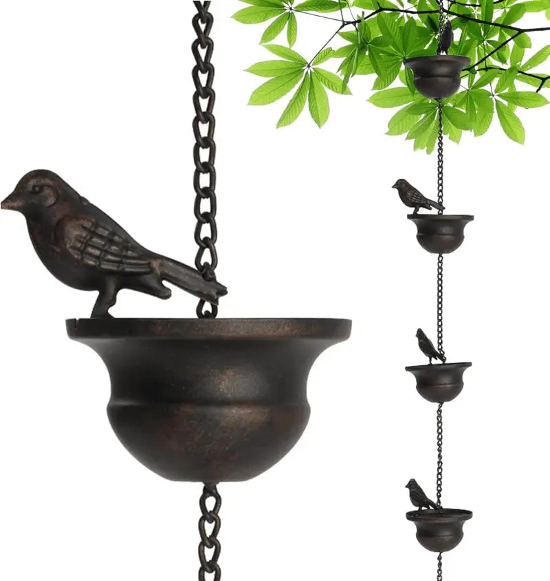 Rain chain with bird bath – Attracts birds & makes rainy days beautiful