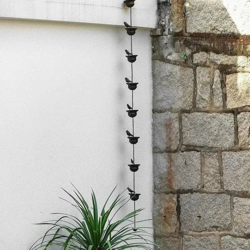 Rain chain with bird bath – Attracts birds & makes rainy days beautiful