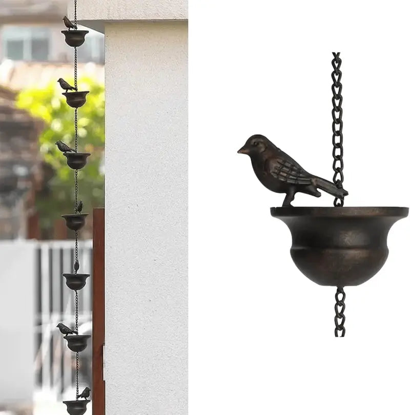 Rain chain with bird bath – Attracts birds & makes rainy days beautiful
