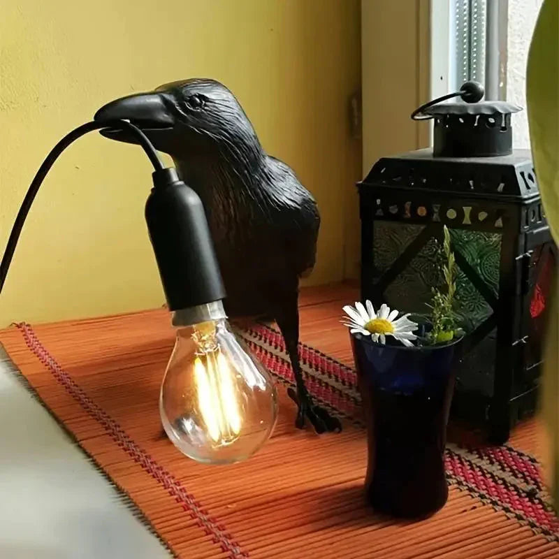 E14-Bulb with Plug Gothic Raven Lamp Vintage Resin Bird Lamp for Nightstand, Office, Living Room Farmhouse Art Deco Style