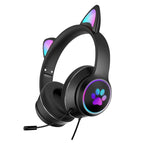 AKZ-022 USB + 3.5mm Port Cat Ear Design Foldable LED Headset with Microphone (Black)
