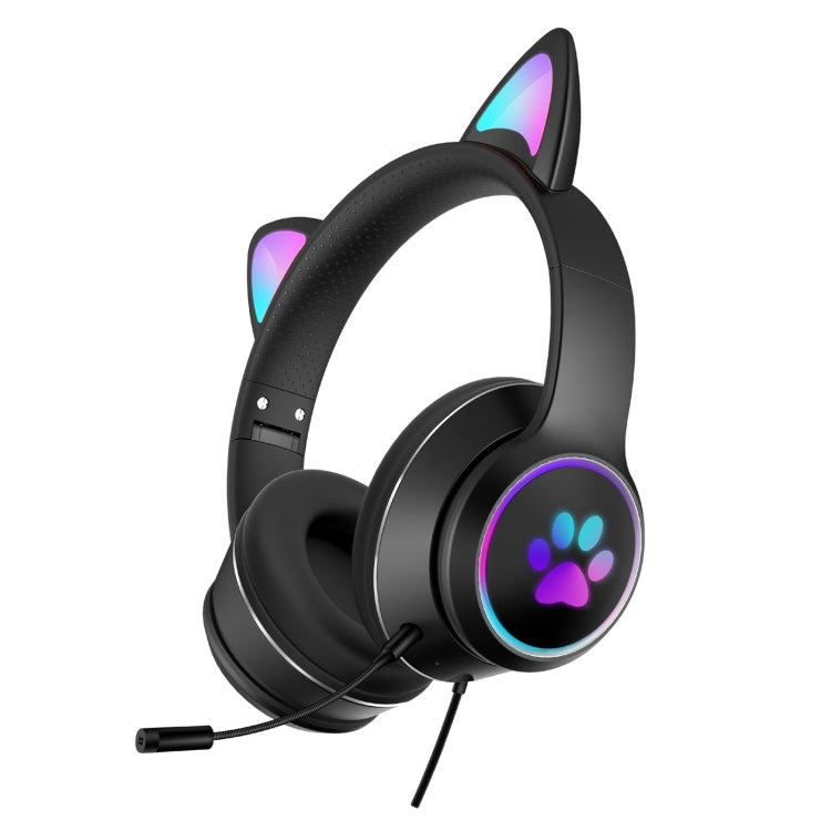 AKZ-022 USB + 3.5mm Port Cat Ear Design Foldable LED Headset with Microphone (Black)