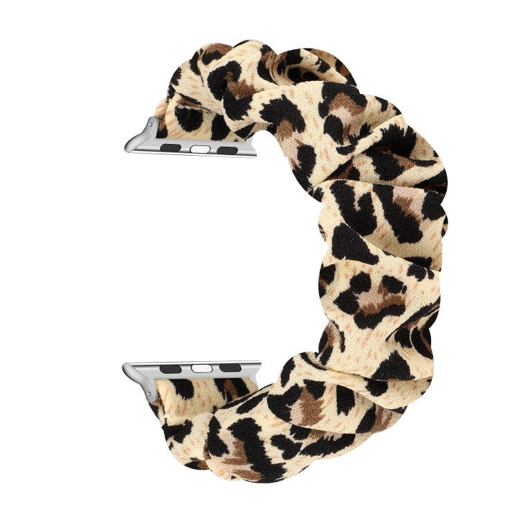 For Apple Watch Series 9&8&7 41mm / SE 3&SE 2&6&SE&5&4 40mm / 3&2&1 38mm Fabric + Stainless Steel Hair Ring Watch Band (Leopard Pattern)