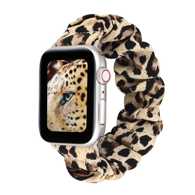 For Apple Watch Series 9&8&7 41mm / SE 3&SE 2&6&SE&5&4 40mm / 3&2&1 38mm Fabric + Stainless Steel Hair Ring Watch Band (Leopard Pattern)