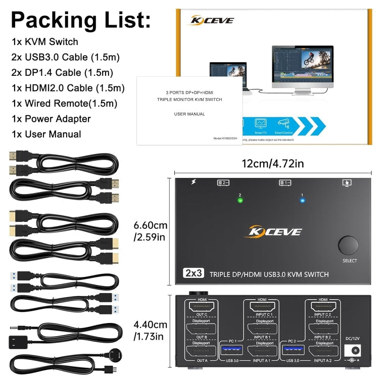 KC-KVM203DH 8K 30Hz USB3.0 DP+DP+HDMI Triple Monitors KVM Switch, AU Plug