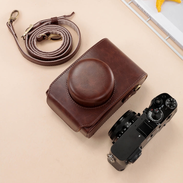 For FUJIFILM X100VI Full Body Leather Camera Case Bag with Strap (Coffee)