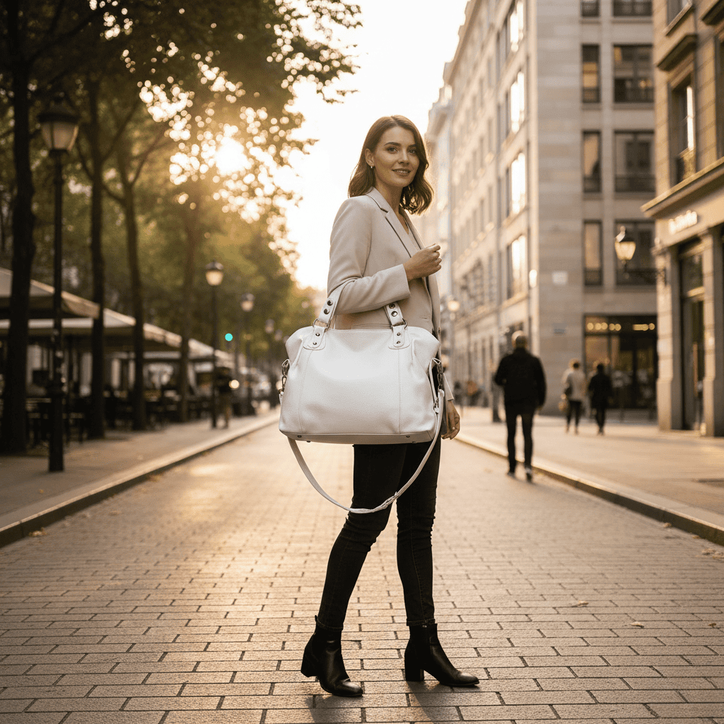 Retro-inspired tote bag with smooth faux leather and classic seam detailing