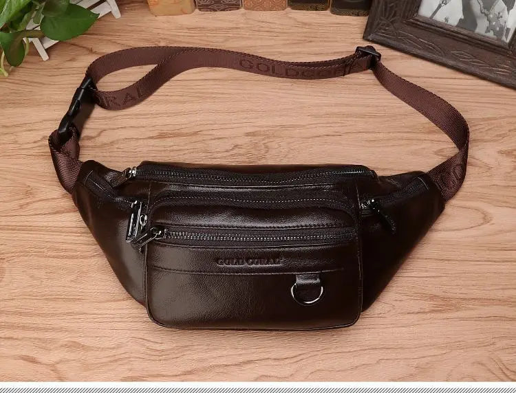 Genuine Cowhide Leather Waist Bag for Men – Large Capacity Fanny Pack, Belt & Crossbody Travel Bag