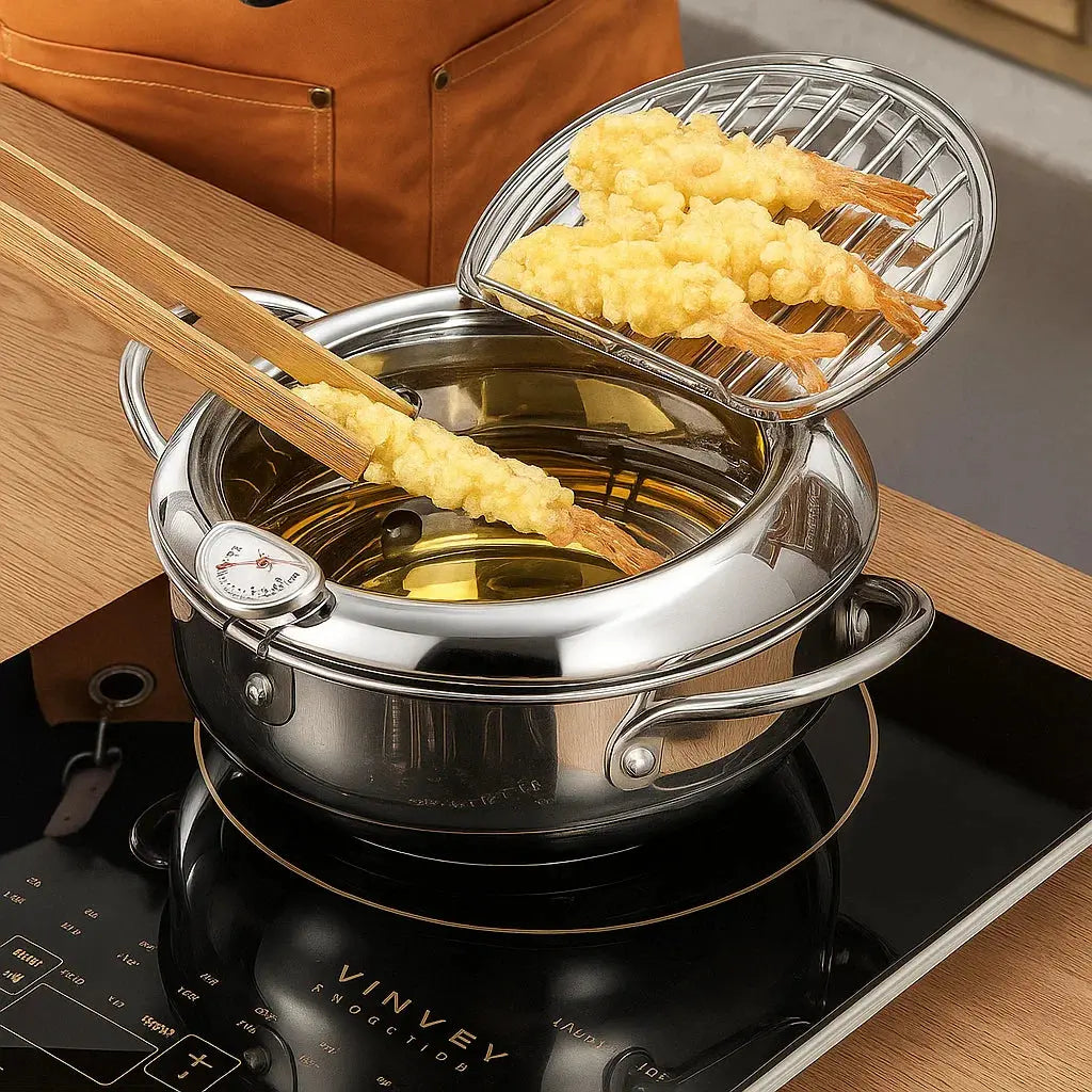 Stainless Steel Frying Pan with Thermometer & Draining Rack