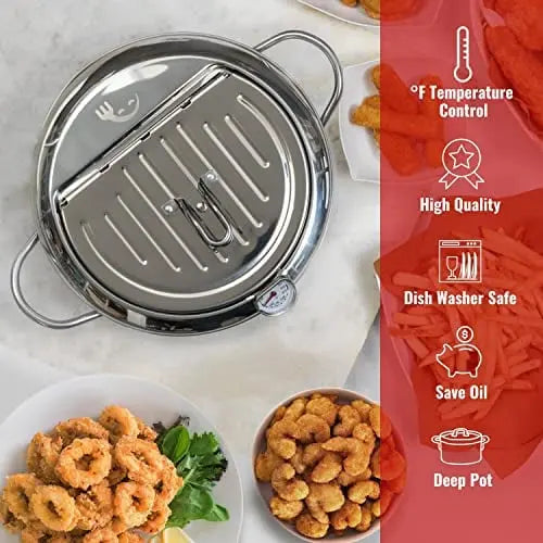 Stainless Steel Frying Pan with Thermometer & Draining Rack