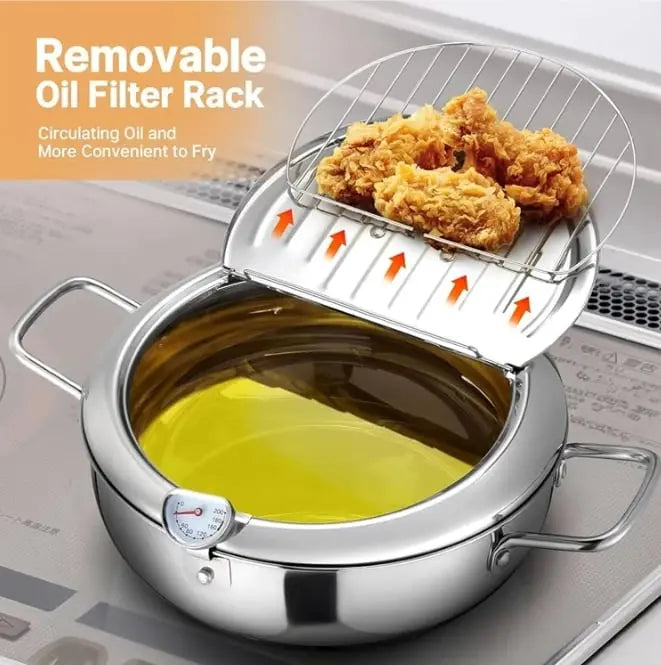 Stainless Steel Frying Pan with Thermometer & Draining Rack